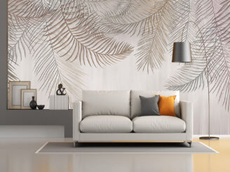 Tropical palm leaves. Beige leaves on a light background. Mural, Wallpaper for internal printing. room render