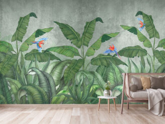 Tropical jungle with flying parrots. Against the background of textured plaster.