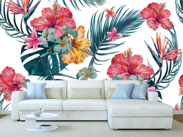 Colorful Hawaiian style shirt pattern wallpaper, room render