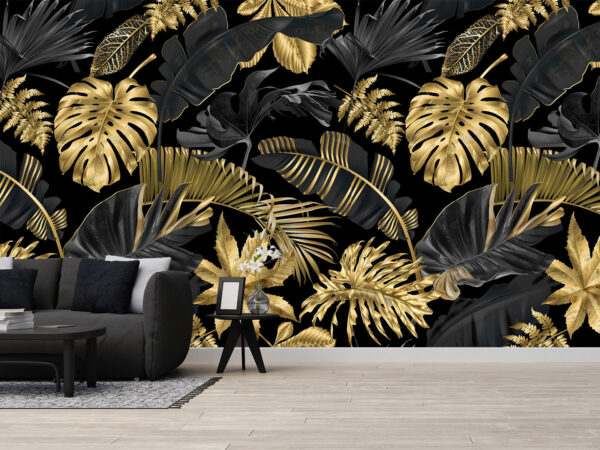 Vector seamless pattern with gold and black tropical leaves on dark background. Exotic botanical background design for cosmetics, spa, textile, hawaiian style shirt. Best as wrapping paper, wallpaper