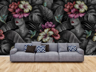 Tropical exotic seamless pattern with woman, monstera, hibiscus, bromeliad, banana leaves, palm, colocasia. Hand-drawn 3D illustration. Good for production wallpapers, cloth, fabric printing, goods.