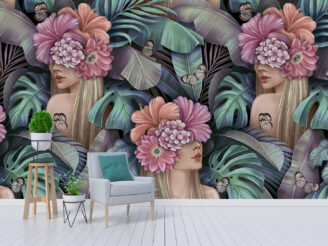 Mural with palm leaves, women with crowns of flowers, wallpaper, chair