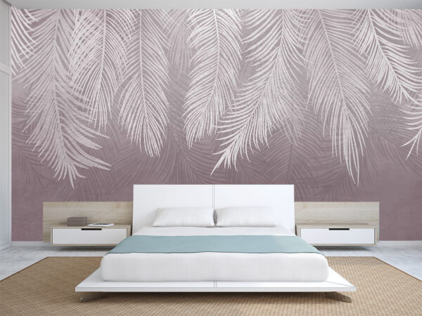 Mural palm leaves old background pink, white bedroom, twin bed, night stand