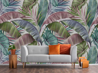 Tropical exotic luxury seamless pattern with pastel color banana leaves, palm and colocasia. Hand-drawn 3D illustration. Vintage glamorous design. Good for wallpapers, cloth, fabric printing, goods.