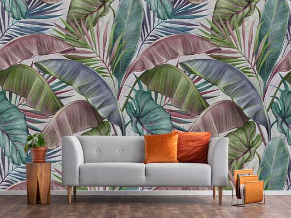 Tropical exotic luxury seamless pattern with pastel color banana leaves, palm and colocasia. Hand-drawn 3D illustration. Vintage glamorous design. Good for wallpapers, cloth, fabric printing, goods.