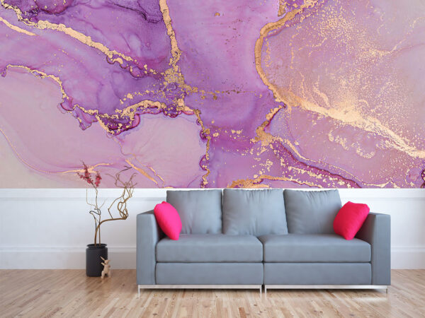 Luxury abstract fluid art painting in alcohol ink technique, mixture of lilac and pink paints. Imitation of marble stone cut, glowing golden veins. Tender and dreamy design.