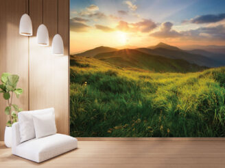 Hills, grasslands, mountain, sunrise, wallpaper design