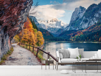 Peaceful autumn scene of Vorderer ( Gosausee ) lake with Dachstein glacieron background. Picturesque morning view of Austrian Alps, Upper Austria, Europe. Traveling concept background.