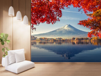 Colorful Autumn Season and Mountain Fuji with morning fog and red leaves at lake Kawaguchiko is one of the best places in Japan