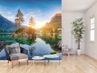 Sunrise over lake town with a small island rock with to evergreen trees, wallpaper design