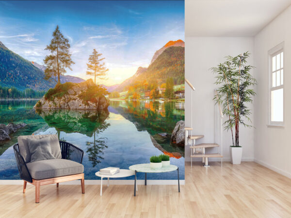 Sunrise over lake town with a small island rock with to evergreen trees, wallpaper design