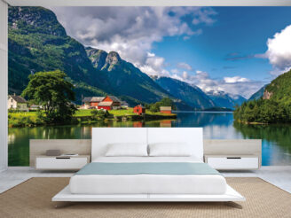 Norwegian village coast, fjord, mountains, wallpaper design