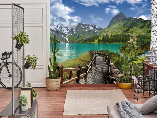 Brown living room wall and background decorative corner room and white classic pattern door. Frame lamp and sofa decoration.Clear skies, Nature mountains lake steps wooden, wallpaper design