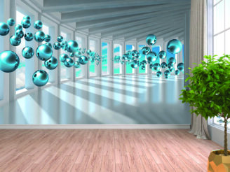 Blue spheres in white corridor in the sky, wallpaper design