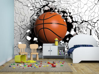 Basketball breaks through the wall wallpaper design, kids room mockup