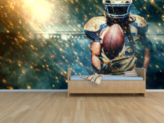 American football sportsman player on stadium running in action. Sport wallpaper with copyspace.