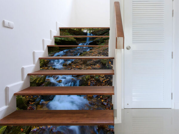 inside contemporary white modern house with wood staircase and pvc door