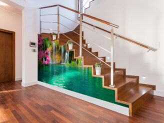 Flowerpots situated on wooden stairs in luxury home, wallpaper