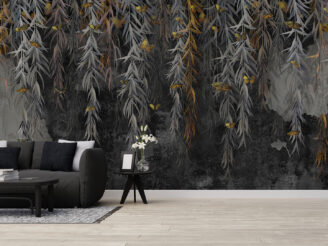 Photo wallpaper, wallpaper, mural design in the loft, classic, modern style. Willow branches with gold butterflies on a dark concrete grunge wall.