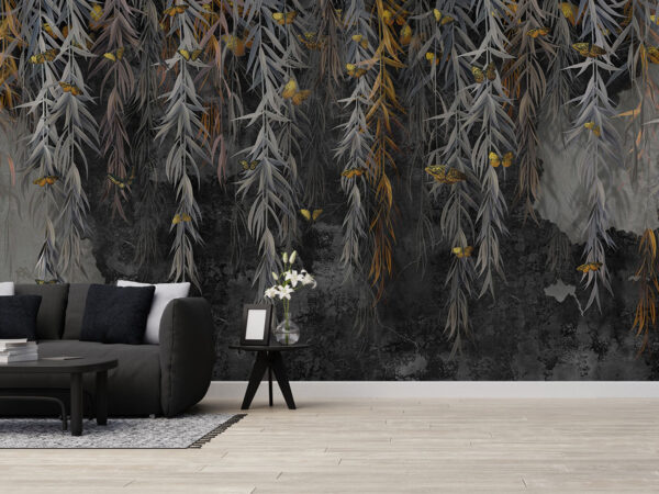 Photo wallpaper, wallpaper, mural design in the loft, classic, modern style. Willow branches with gold butterflies on a dark concrete grunge wall.