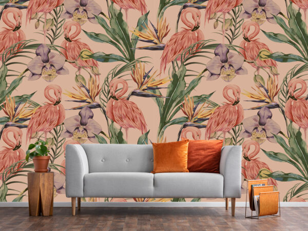 Vintage wallpaper design flamingos plants