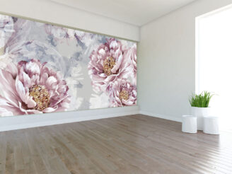 drawn art peonies on a textured wall with imitation of scuffs. Photo wallpaper in a room or interior of a house. For printing on a label poster of a postcard